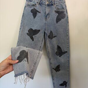 Mom Jeans High Waisted Frayed Hem Adika Butterfly Denim 100% Cotton Jeans